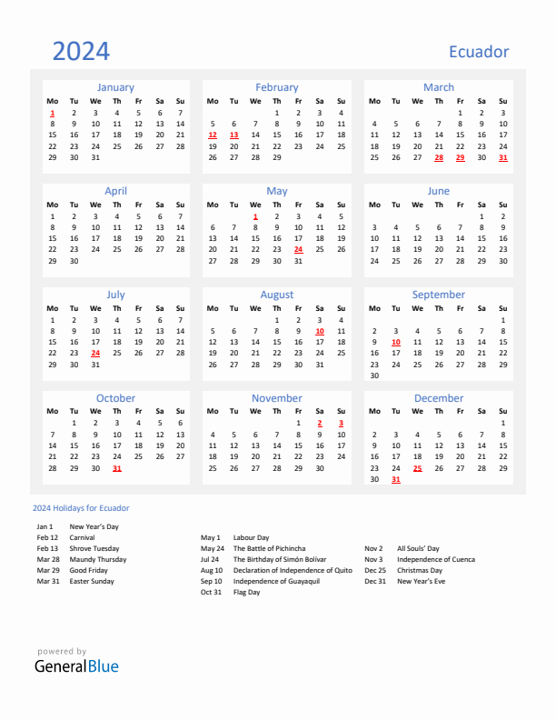 Basic Yearly Calendar with Holidays in Ecuador for 2024 