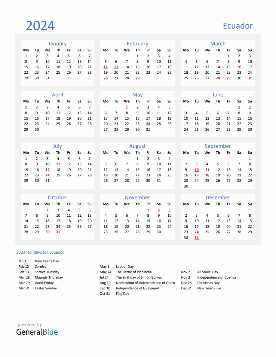 Basic Yearly Calendar with Holidays in Ecuador for 2024