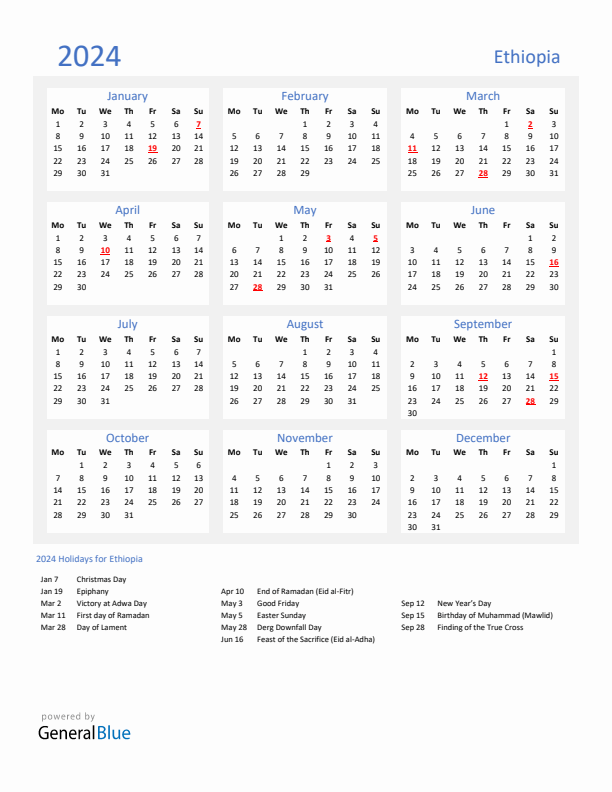 Basic Yearly Calendar with Holidays in Ethiopia for 2024 