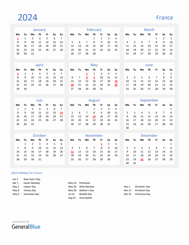 Basic Yearly Calendar with Holidays in France for 2024 