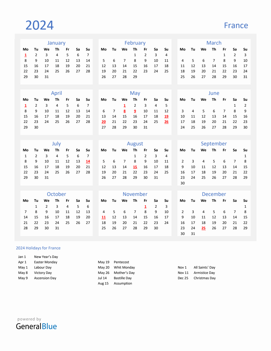 Basic Yearly Calendar with Holidays in France for 2025