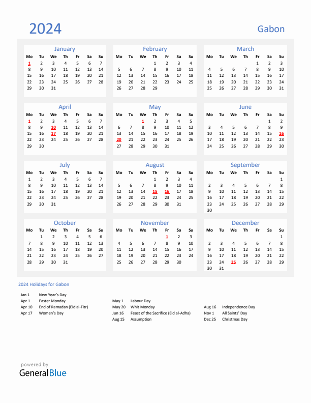 Basic Yearly Calendar with Holidays in Gabon for 2024 