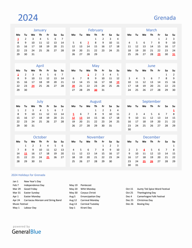 Basic Yearly Calendar with Holidays in Grenada for 2024 