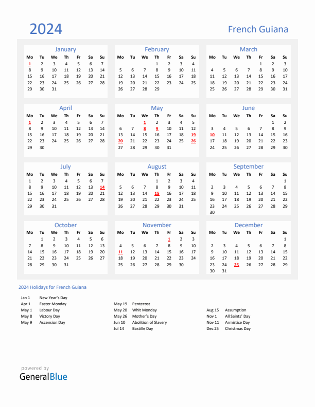 Basic Yearly Calendar with Holidays in French Guiana for 2024 