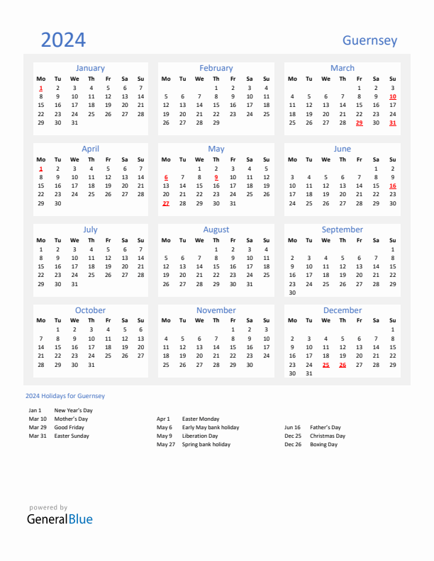Basic Yearly Calendar with Holidays in Guernsey for 2024 