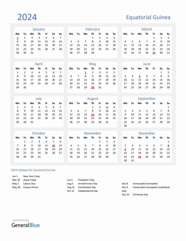 Basic Yearly Calendar with Holidays in Equatorial Guinea for 2024 