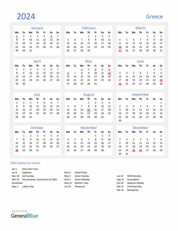 2024 Calendar Basic With Holidays Portrait Monday Start En Gr 612x792 