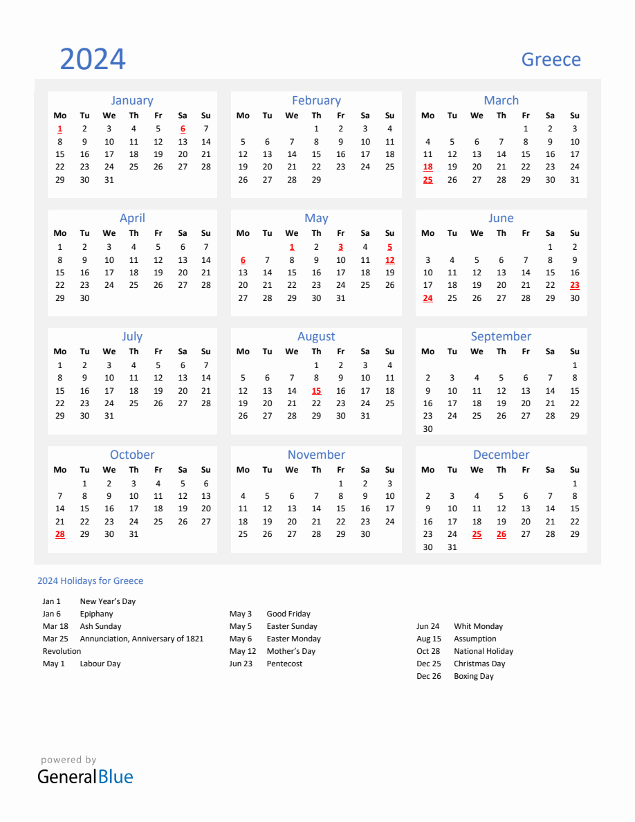 Basic Yearly Calendar with Holidays in Greece for 2024