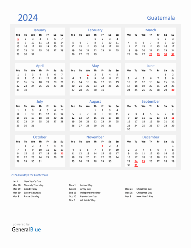 Basic Yearly Calendar with Holidays in Guatemala for 2024 