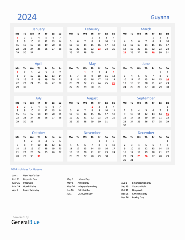 Basic Yearly Calendar with Holidays in Guyana for 2024 