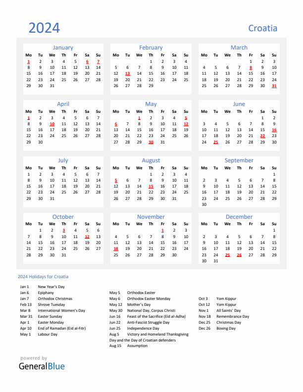 Basic Yearly Calendar with Holidays in Croatia for 2024 