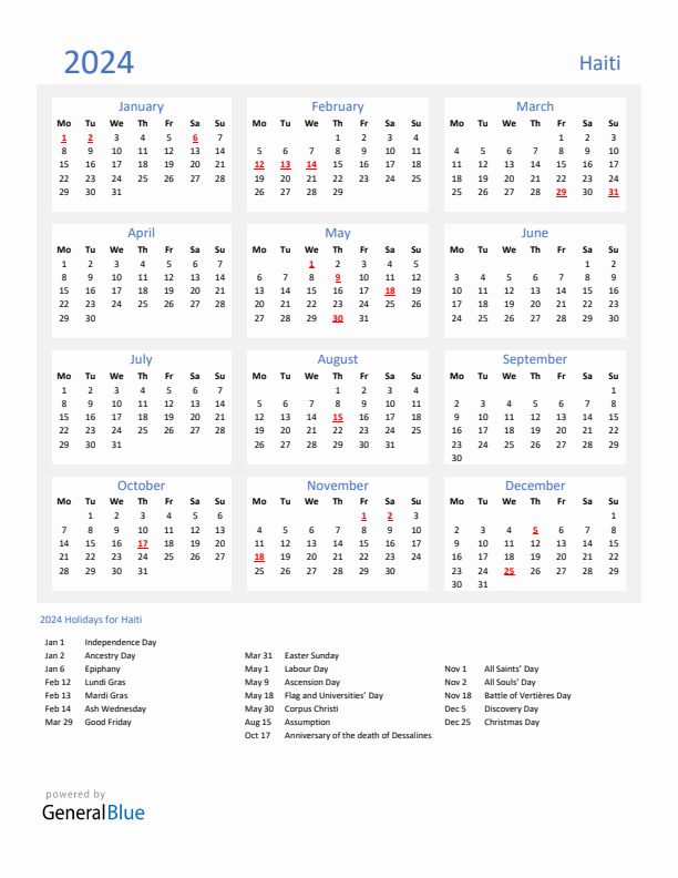Basic Yearly Calendar with Holidays in Haiti for 2024 