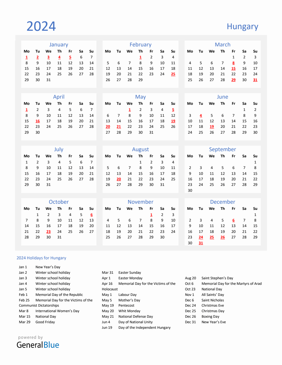 Basic Yearly Calendar with Holidays in Hungary for 2024