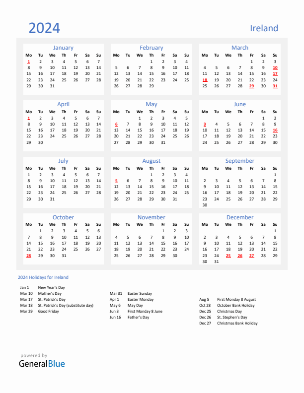 Basic Yearly Calendar with Holidays in Ireland for 2024 