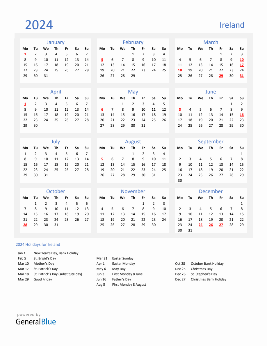 Basic Yearly Calendar with Holidays in Ireland for 2024