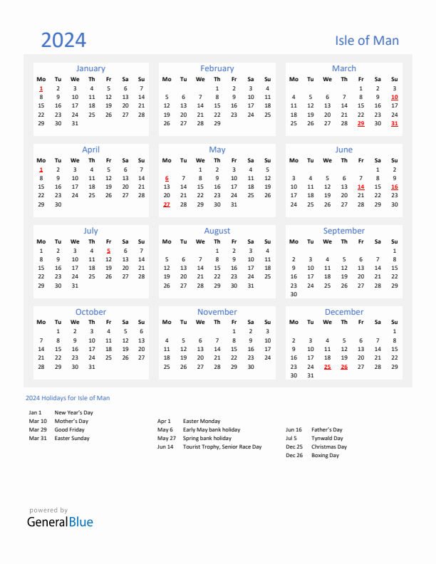 Basic Yearly Calendar with Holidays in Isle of Man for 2024 