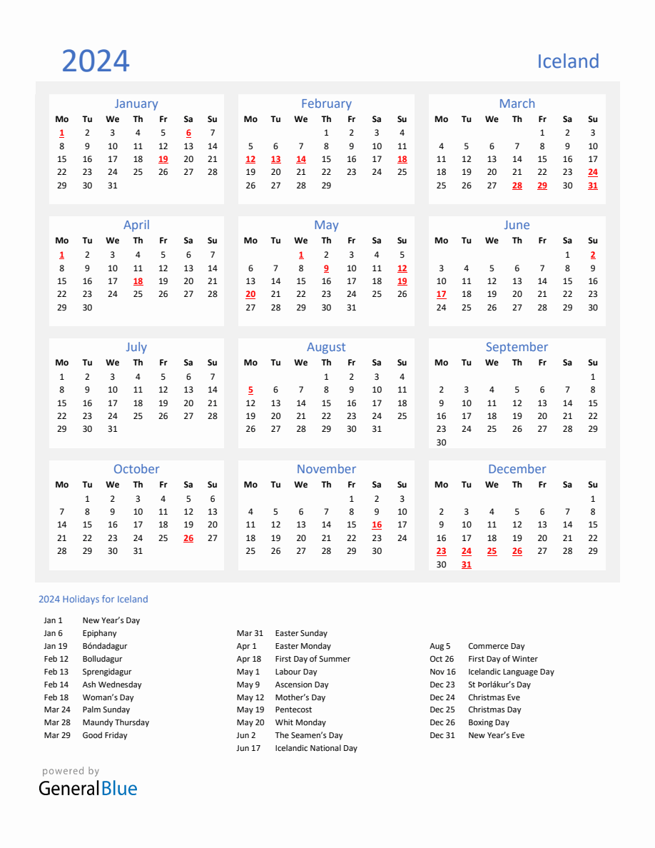 Basic Yearly Calendar With Holidays In Iceland For 2024