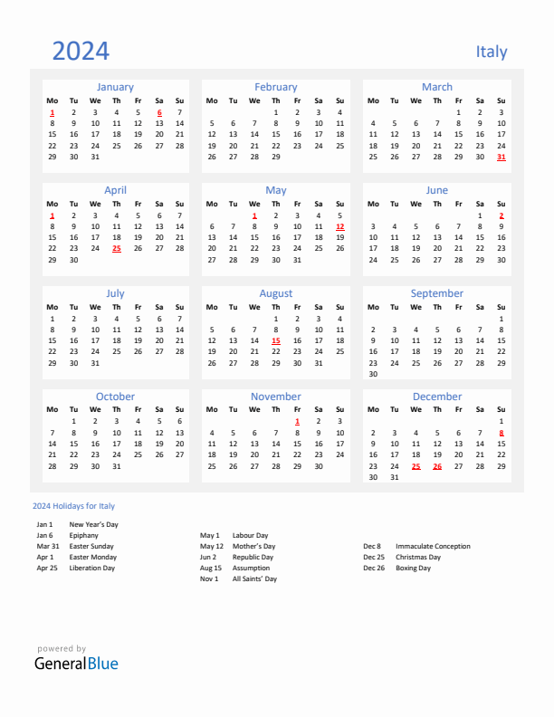 Basic Yearly Calendar with Holidays in Italy for 2024 