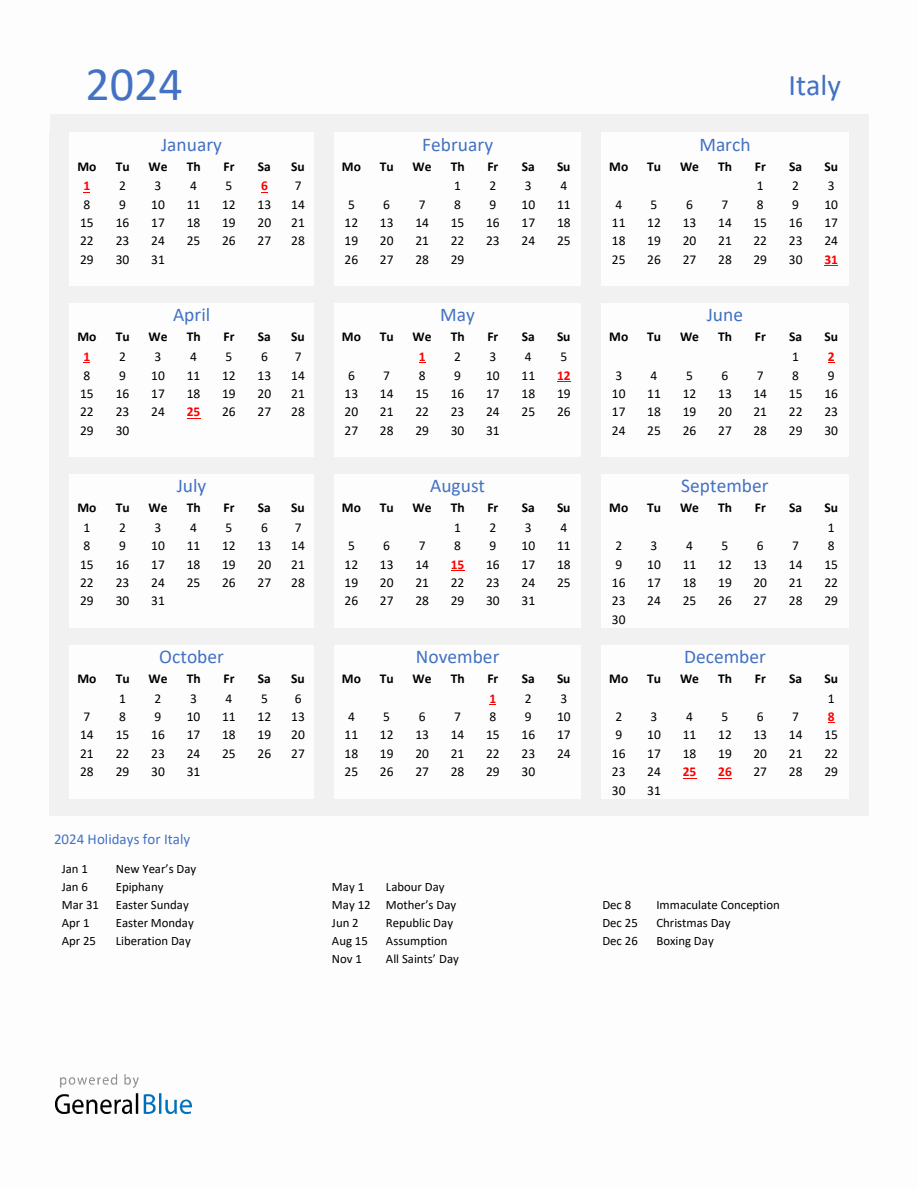Basic Yearly Calendar with Holidays in Italy for 2024