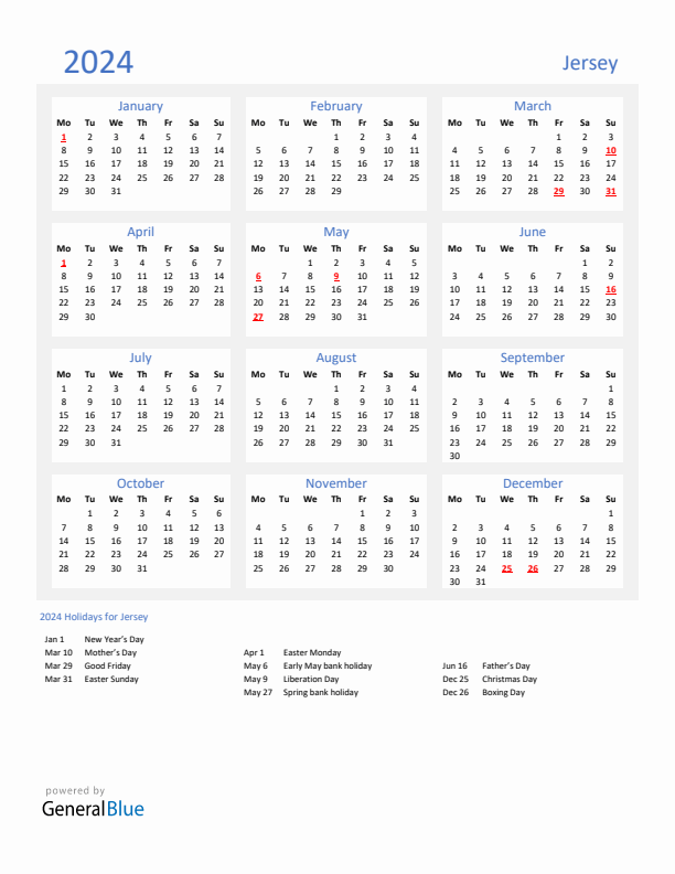 Basic Yearly Calendar with Holidays in Jersey for 2024 