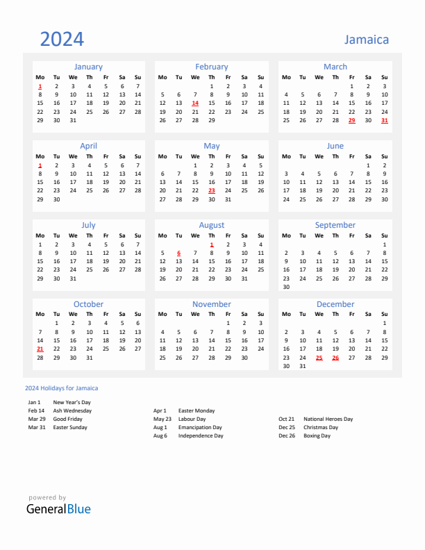 Basic Yearly Calendar with Holidays in Jamaica for 2024