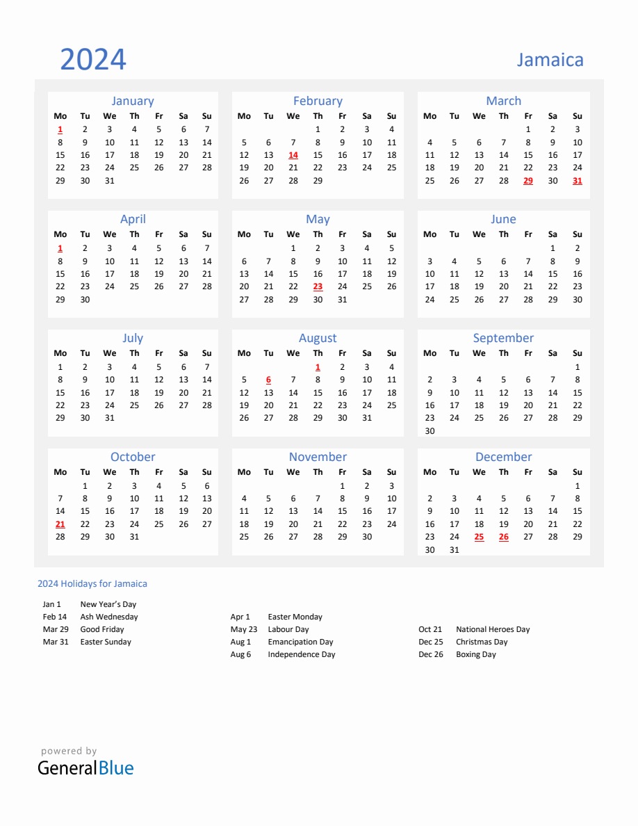 Basic Yearly Calendar With Holidays In Jamaica For 2024   2024 Calendar Basic With Holidays Portrait Monday Start En Jm 918x1188 