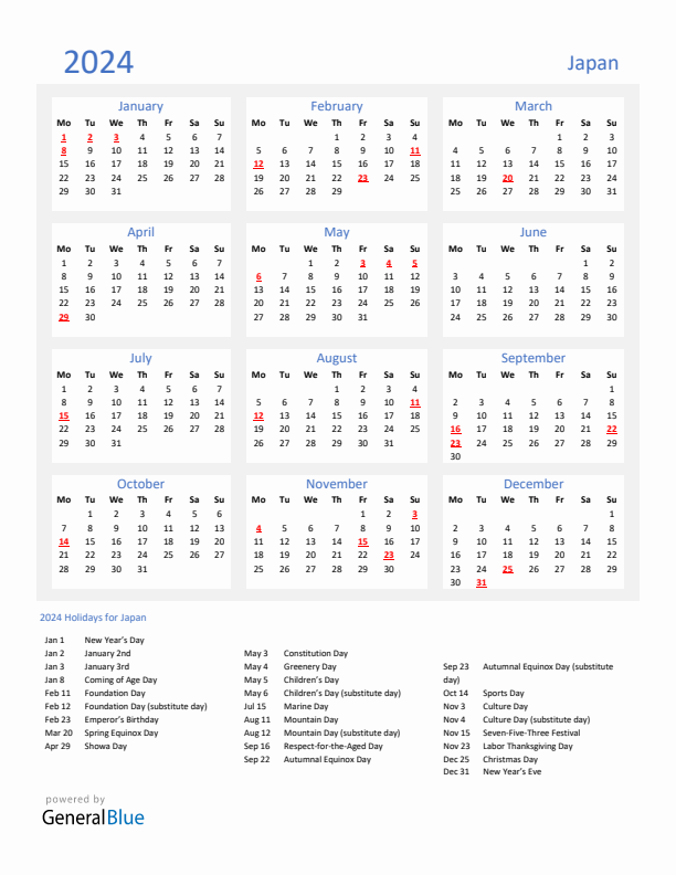 Basic Yearly Calendar with Holidays in Japan for 2024 