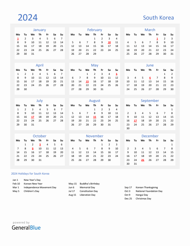 Basic Yearly Calendar with Holidays in South Korea for 2024 