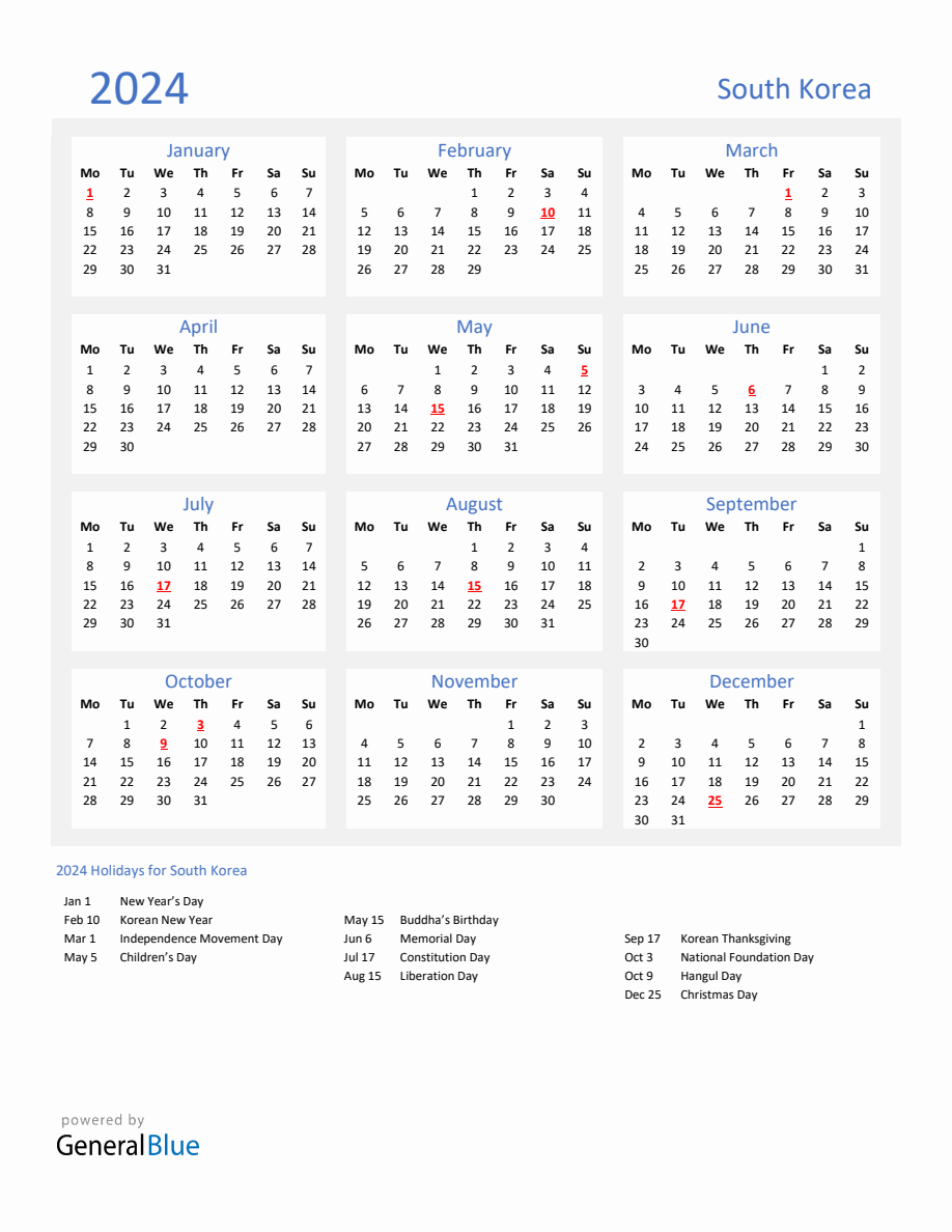 Basic Yearly Calendar With Holidays In South Korea For 2024   2024 Calendar Basic With Holidays Portrait Monday Start En Kr 918x1188 