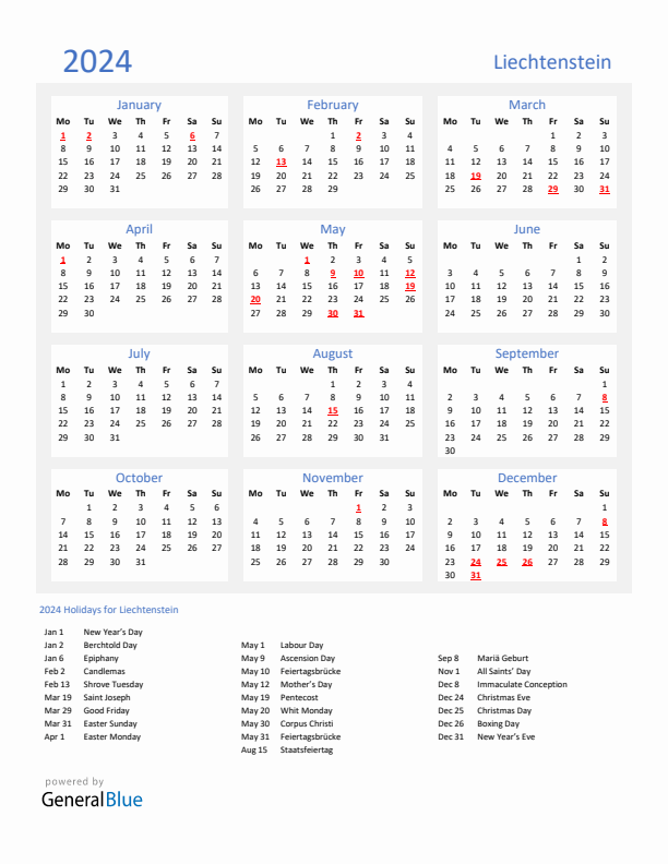 Basic Yearly Calendar with Holidays in Liechtenstein for 2024 