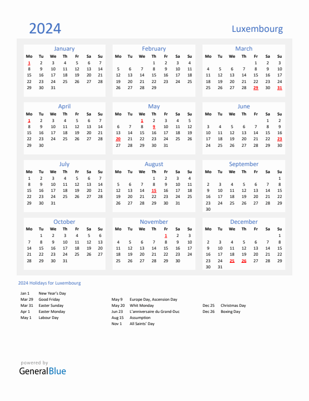 Basic Yearly Calendar with Holidays in Luxembourg for 2024 