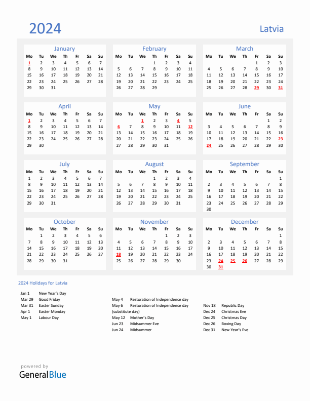 Basic Yearly Calendar with Holidays in Latvia for 2024 