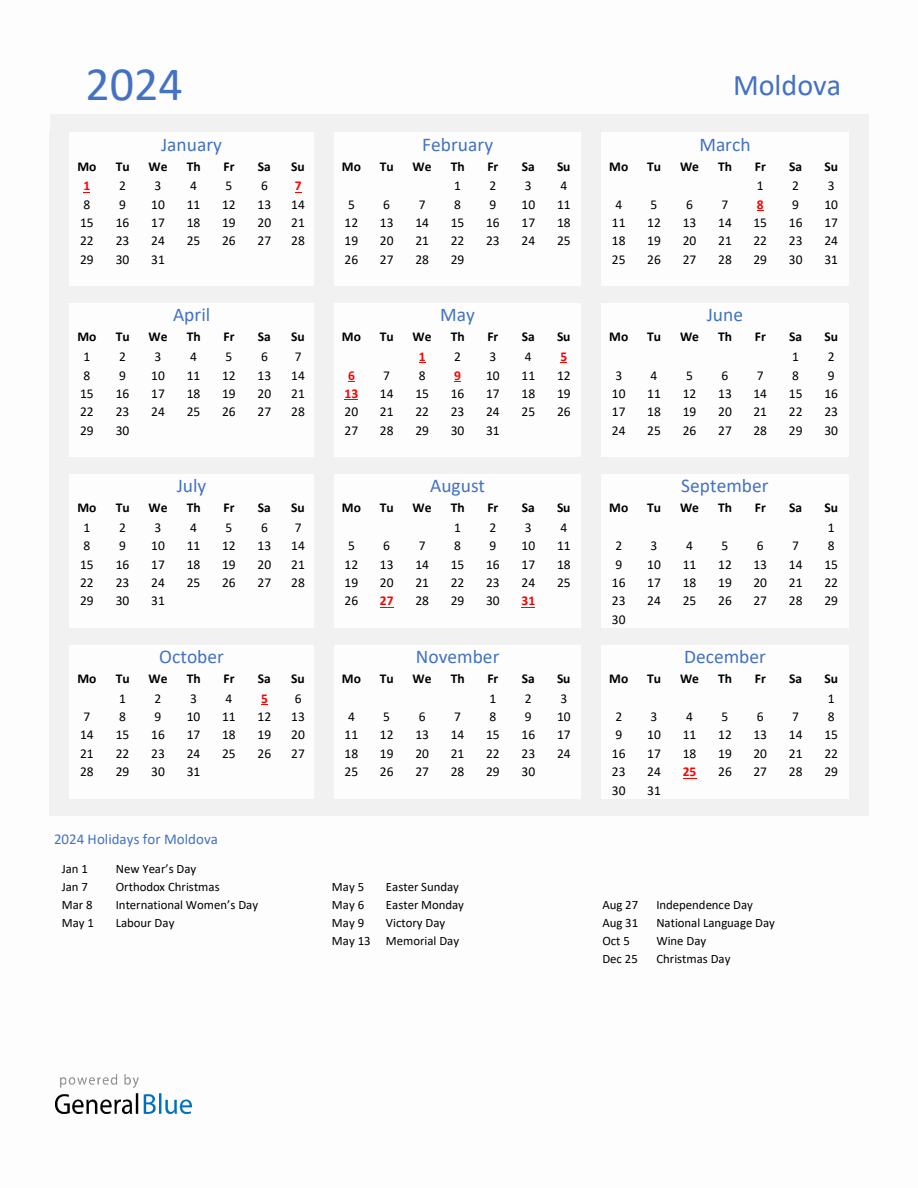 Basic Yearly Calendar with Holidays in Moldova for 2024