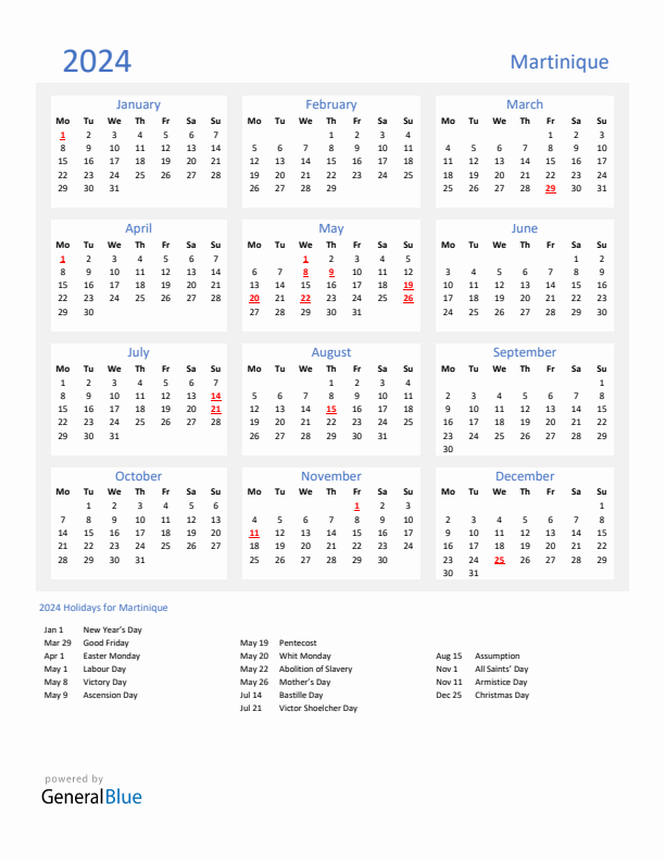 Basic Yearly Calendar with Holidays in Martinique for 2024 