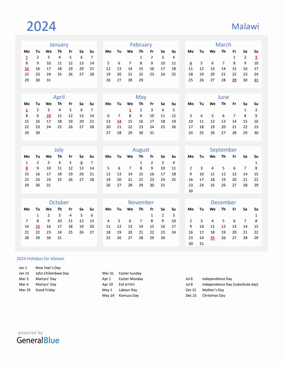 Basic Yearly Calendar With Holidays In Malawi For 2024