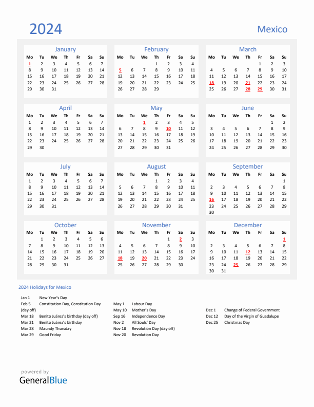 2024 Mexico Calendar with Holidays