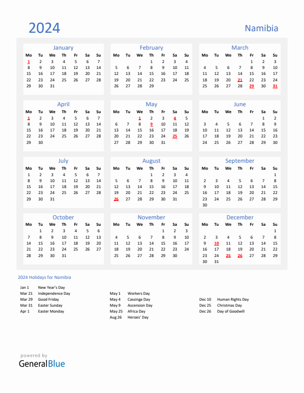 Basic Yearly Calendar with Holidays in Namibia for 2024 