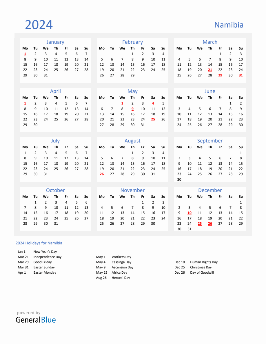 Basic Yearly Calendar With Holidays In Namibia For 2024   2024 Calendar Basic With Holidays Portrait Monday Start En Na 918x1188 