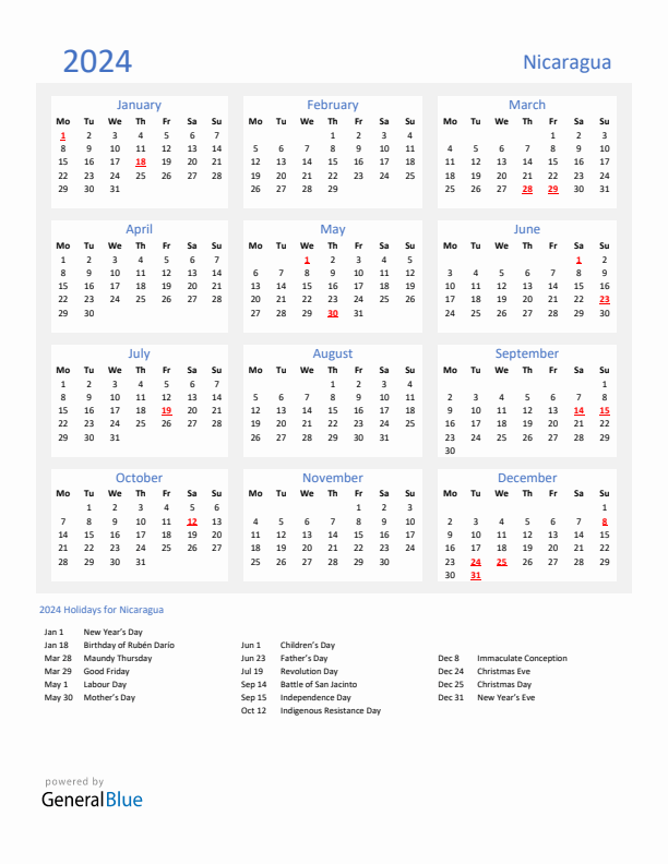 Basic Yearly Calendar with Holidays in Nicaragua for 2024 