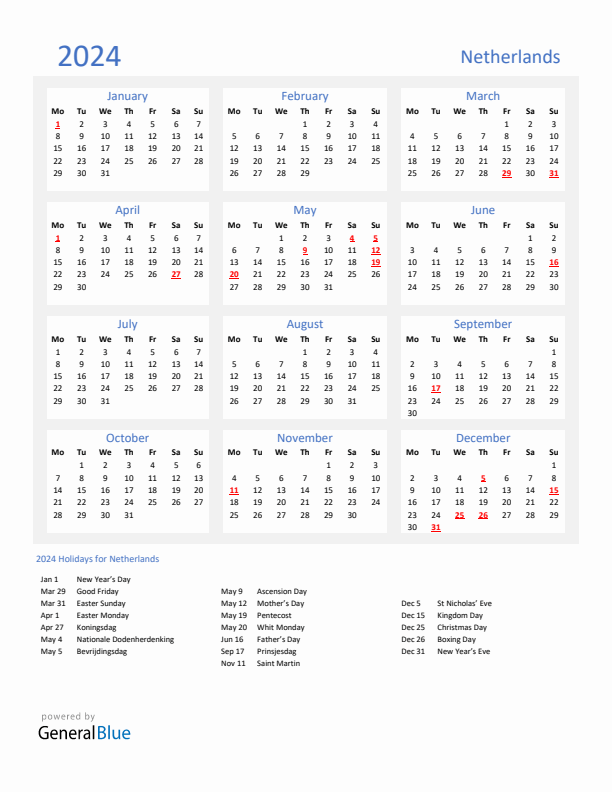 2024 Netherlands Calendar with Holidays