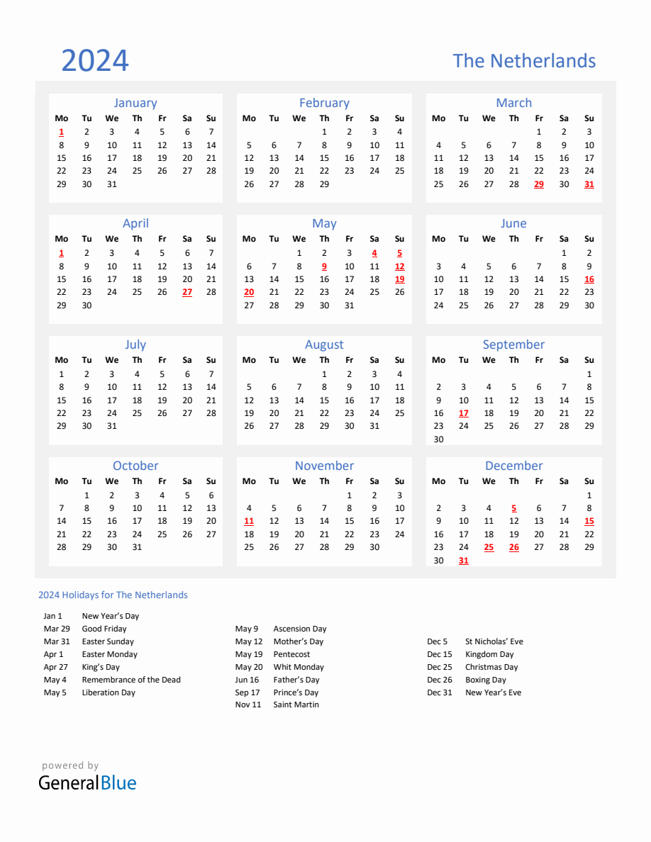 Basic Yearly Calendar with Holidays in Netherlands for 2024