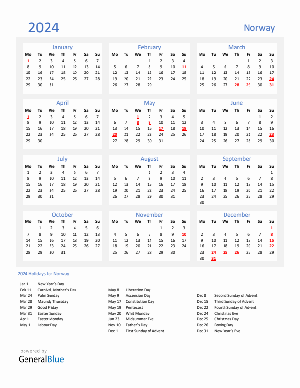 Basic Yearly Calendar with Holidays in Norway for 2024 