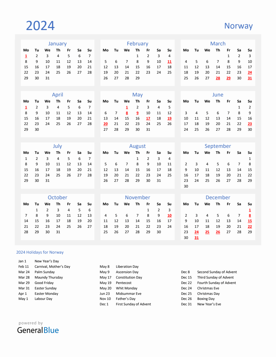 Basic Yearly Calendar with Holidays in Norway for 2024