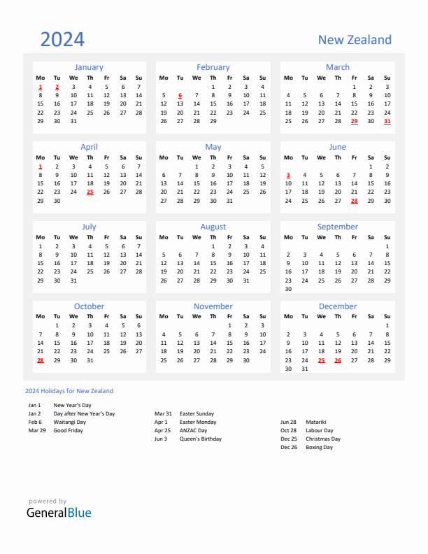 Basic Yearly Calendar with Holidays in New Zealand for 2024 