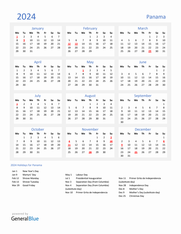 Basic Yearly Calendar with Holidays in Panama for 2024 