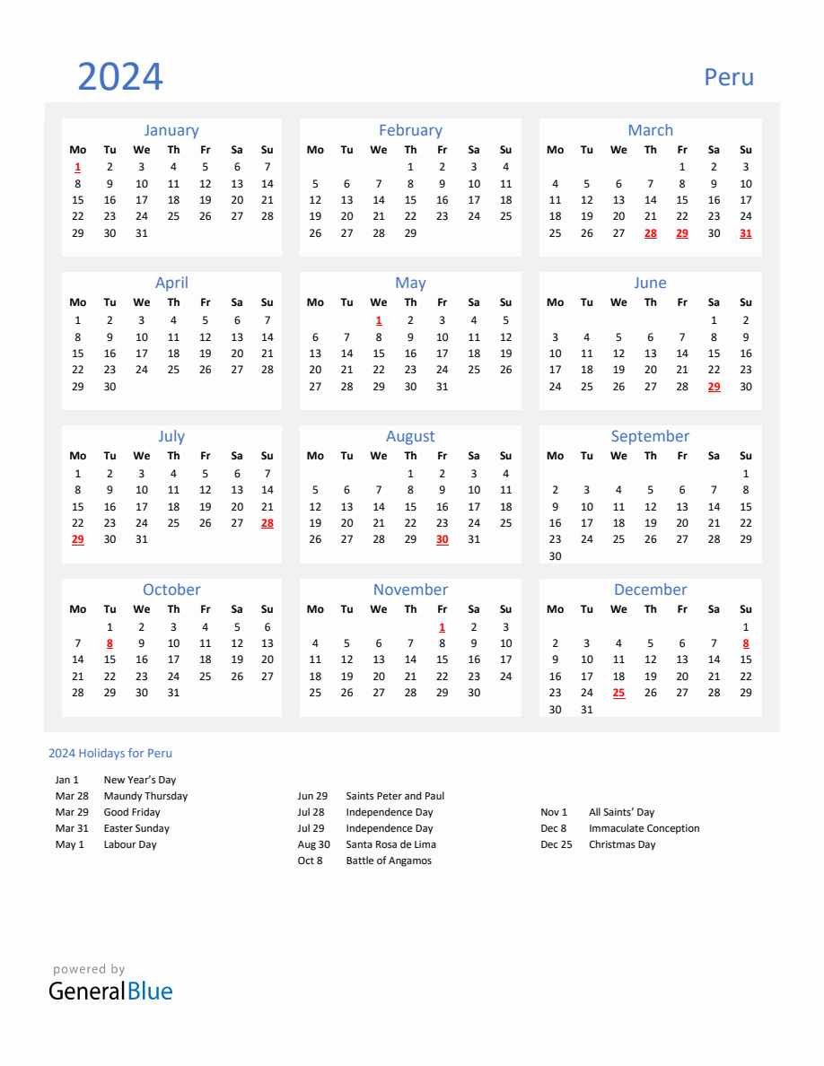 Basic Yearly Calendar with Holidays in Peru for 2024