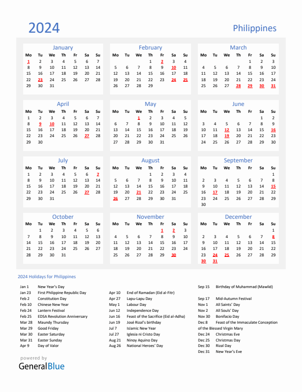 Basic Yearly Calendar with Holidays in Philippines for 2024 