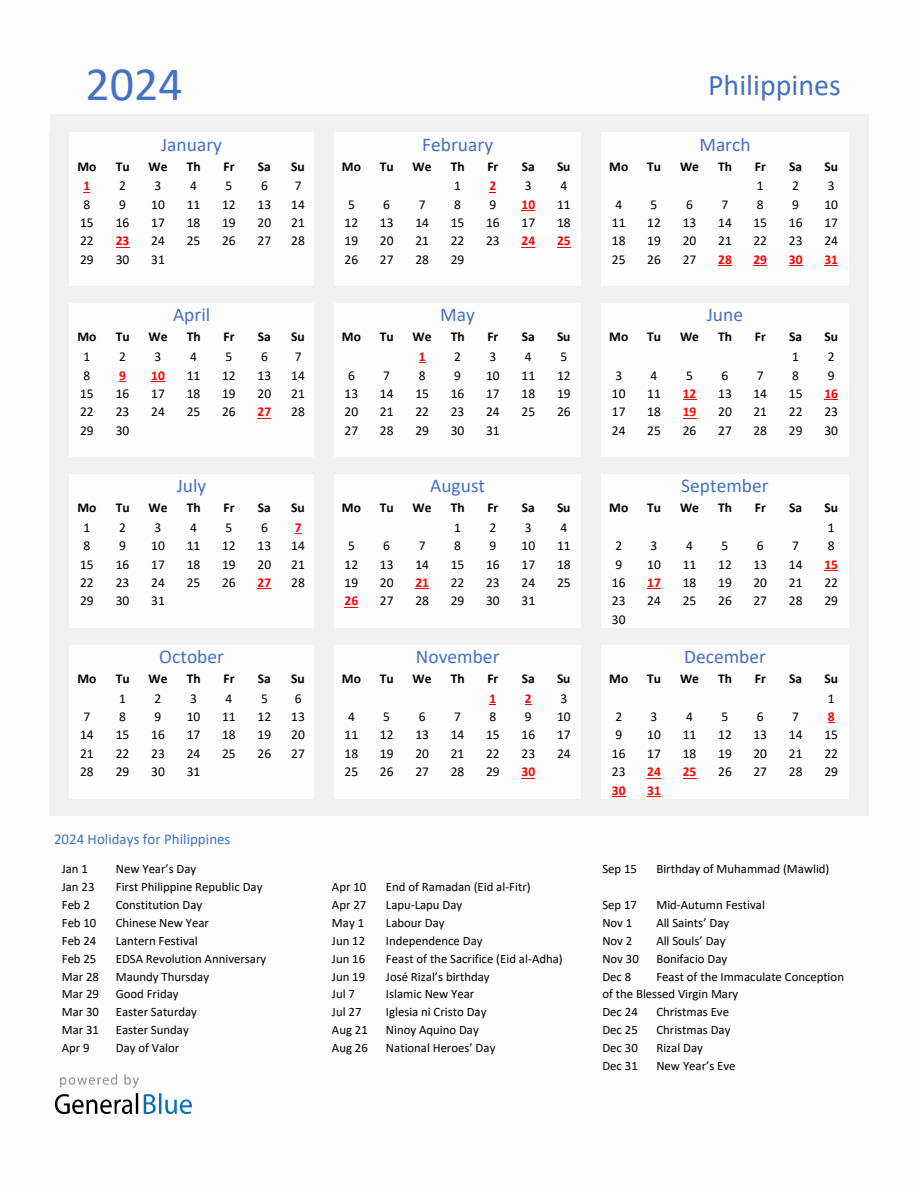 Basic Yearly Calendar with Holidays in Philippines for 2024