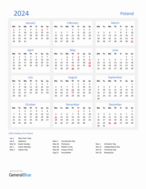 Basic Yearly Calendar with Holidays in Poland for 2024 