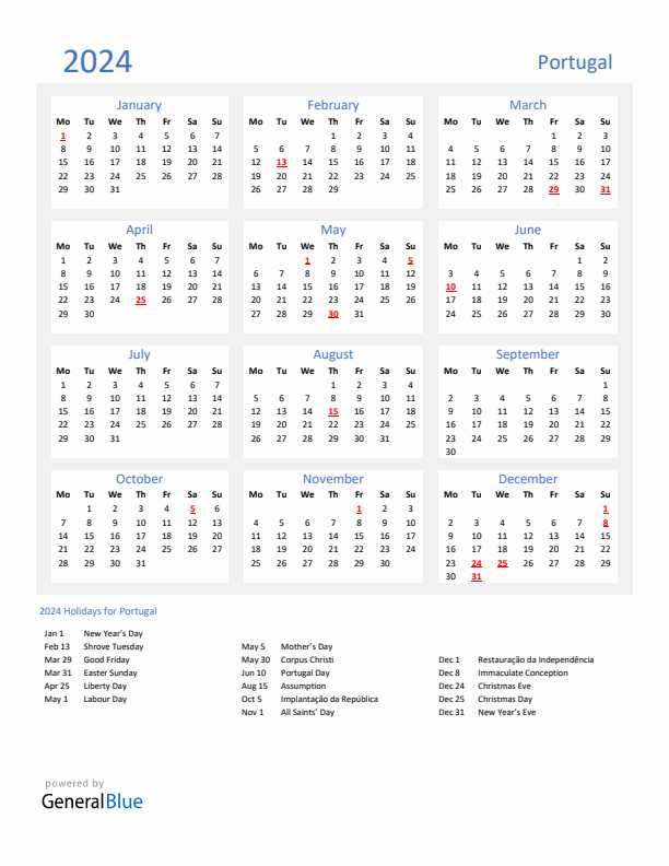 Basic Yearly Calendar with Holidays in Portugal for 2024 